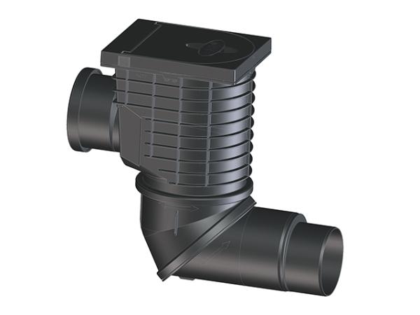 Regensinkkasten mit seitlichem Anschluss DN110 für Regenwasserfallleitungen und Abgang DN110/125 mit Drehgelenk, Laubfangkorb, mechanischer Geruchsklappe und Reinigungsdeckel HL600NHO